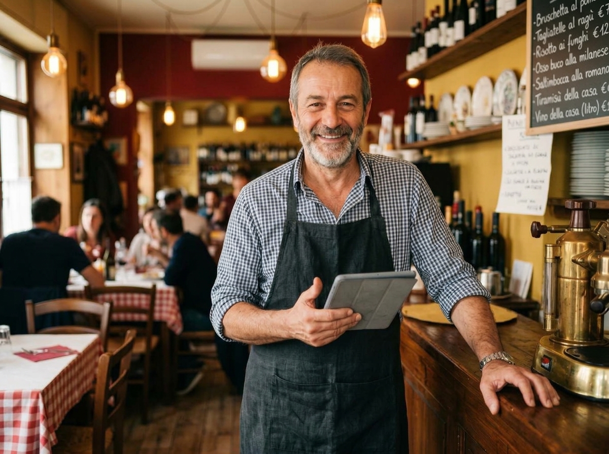 Ristoratore che aggiorna il proprio menu dal tablet, nel suo locale