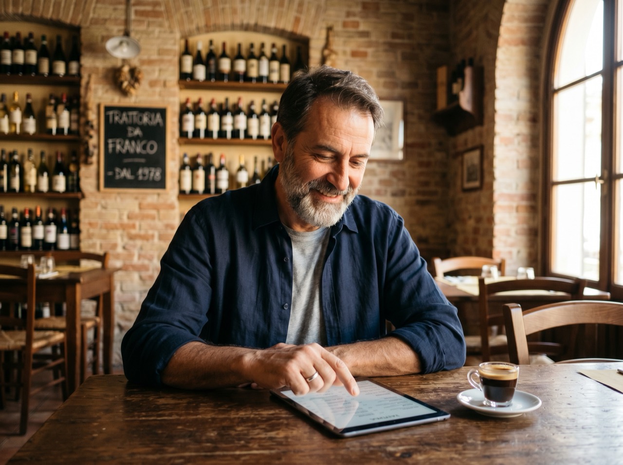 Ristoratore tranquillo che aggiorna il menu dal tablet, con un caff&egrave; accanto