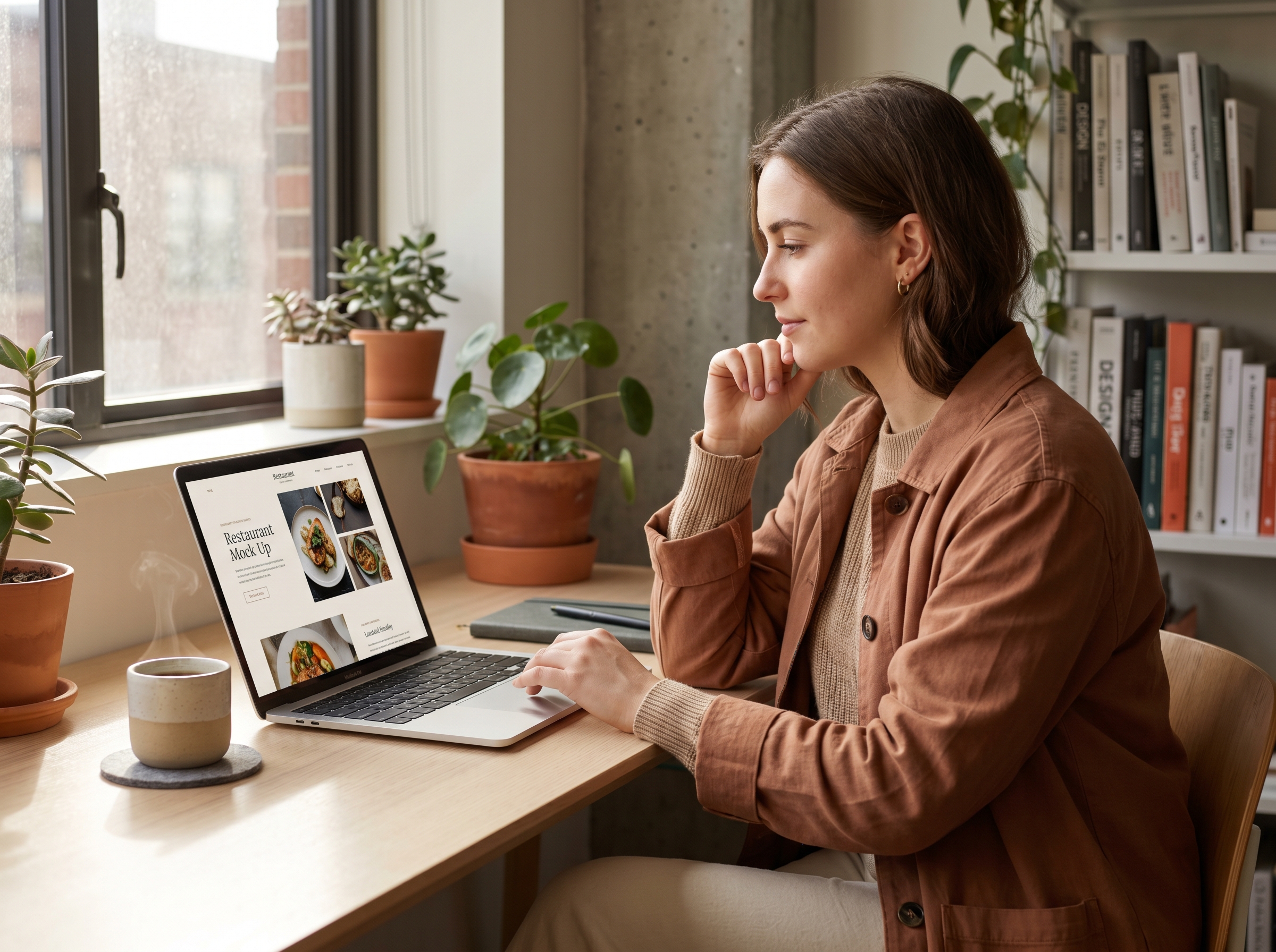 Web designer di un'agenzia che costruisce il sito di un ristorante dal proprio studio