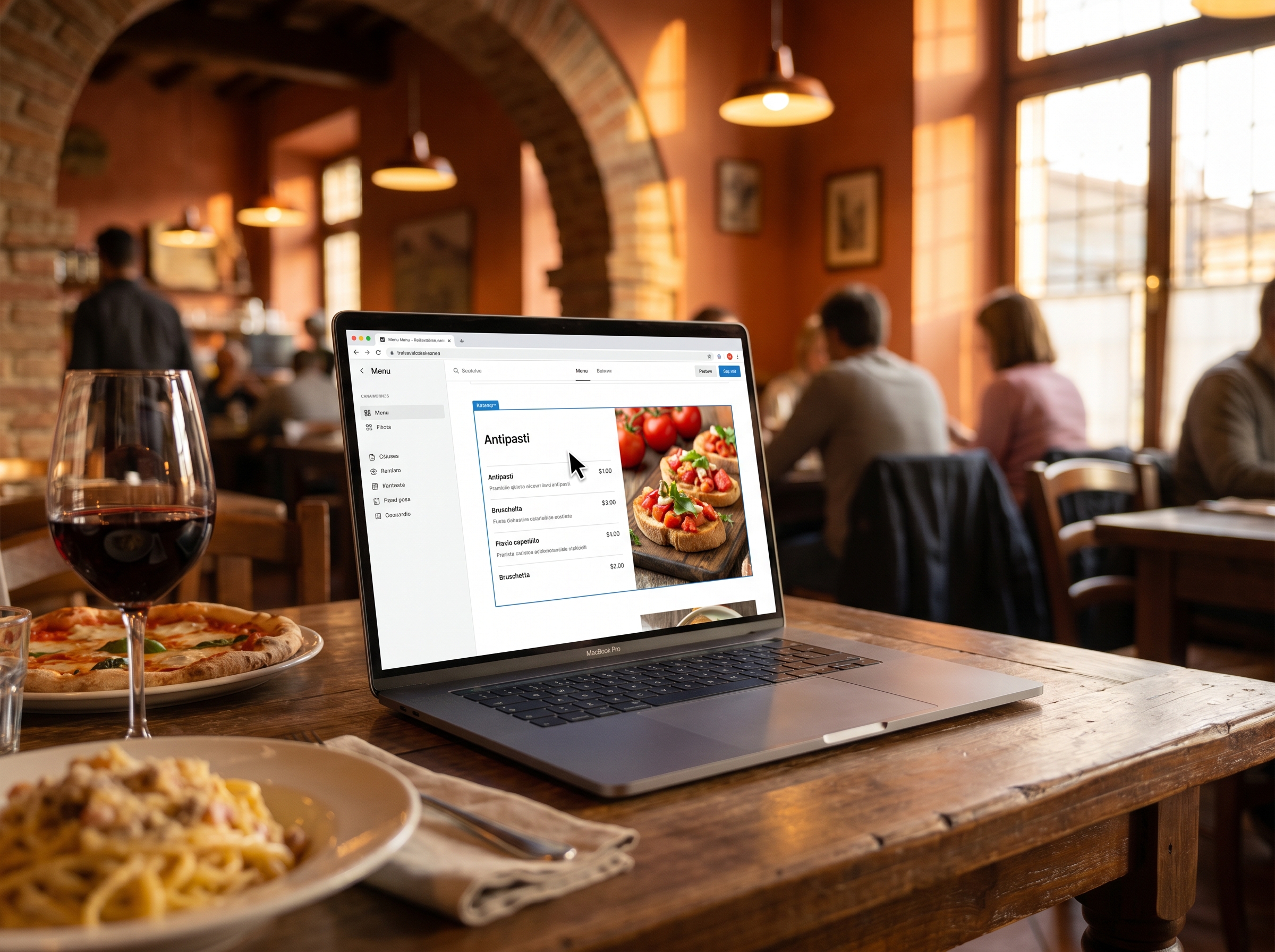 Menu di un ristorante modificato dal sito su un laptop, in un ambiente caldo da trattoria