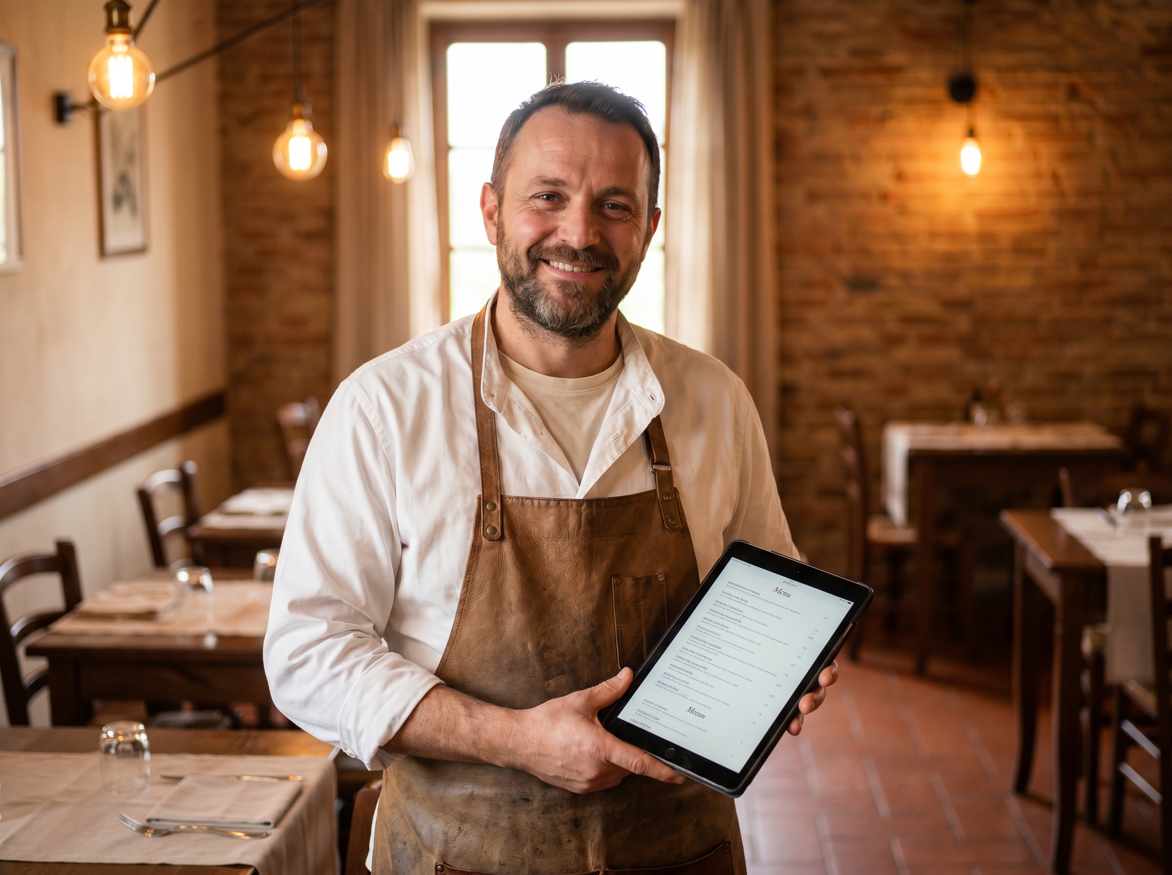 Ristoratore soddisfatto che aggiorna il proprio menu da solo dal tablet